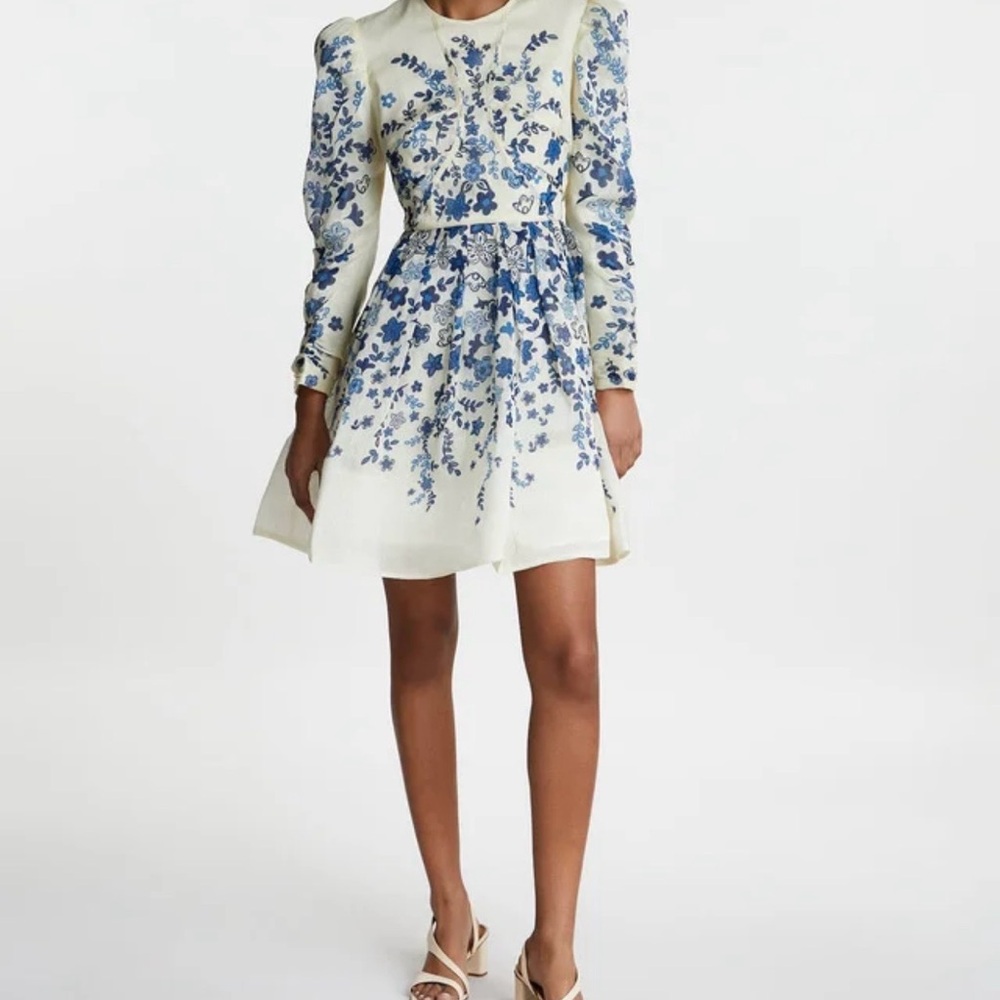 White & Blue Floral Long-Sleeve Fit-and-Flare Dress